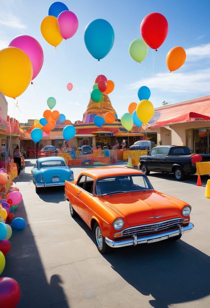 A vibrant and playful scene depicting a family enjoying various amusing car games in a colorful, whimsical parking lot. Include a variety of playful activity stations like a giant parking maze, playful car obstacle courses, and children joyfully playing with oversized toy cars. The background features bright balloons and sunny skies to enhance the fun atmosphere. Illustrate engaging expressions on family members to capture their excitement. super-realistic. vibrant colors. white background.
