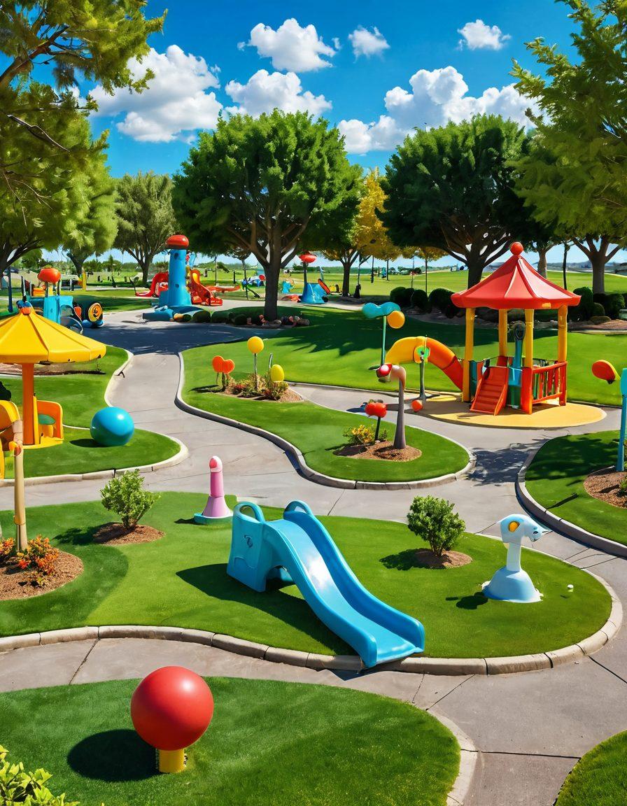 A vibrant and playful park scene featuring various colorful parking simulators filled with cheerful characters happily engaging in fun activities. The landscape should include bright green grass, whimsical trees, and lively attractions like a mini-golf course and playground. Add an inviting sky with fluffy clouds and a smiling sun to enhance the cheerful atmosphere. Cartoon style. vibrant colors. sunny background.