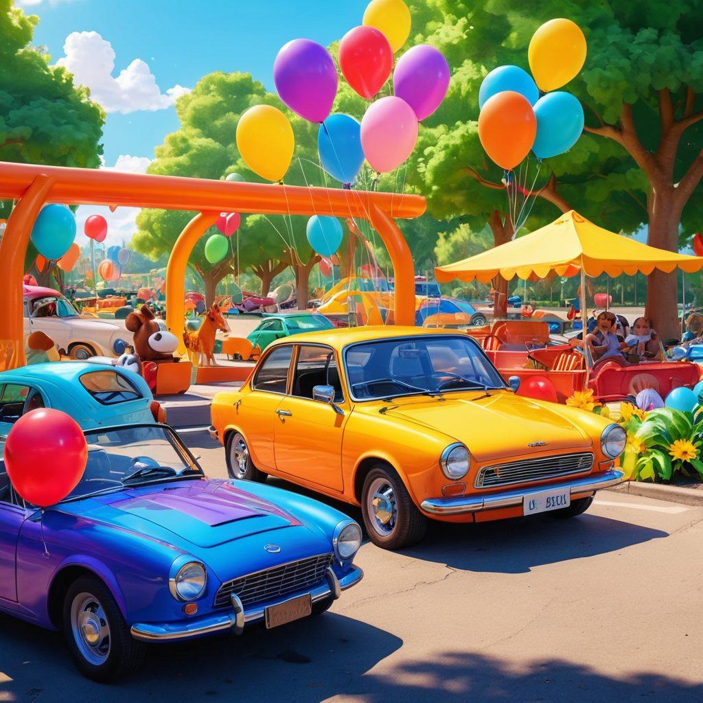 A whimsical parking scene filled with cheerful characters of diverse backgrounds joyfully parking their colorful cars in a vibrant park, surrounded by bright balloons and playful animals. The sun is shining, and there are playful elements like slides and swings in the background to emphasize fun. The overall atmosphere is uplifting and exuberant, inviting viewers to join the joyful parking adventures. cartoon style. vibrant colors. playful atmosphere.